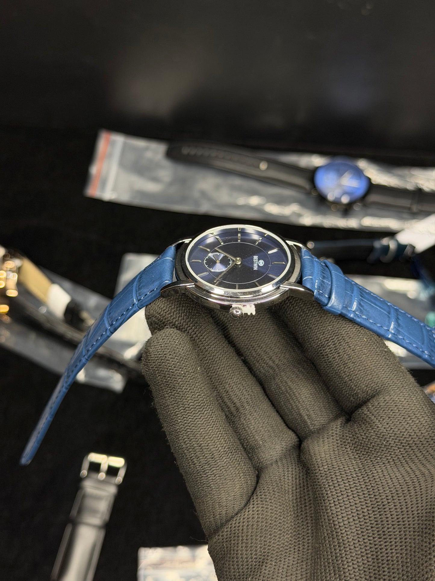 Bestwin Blue Dial Leather Strap Watch – Silver Case