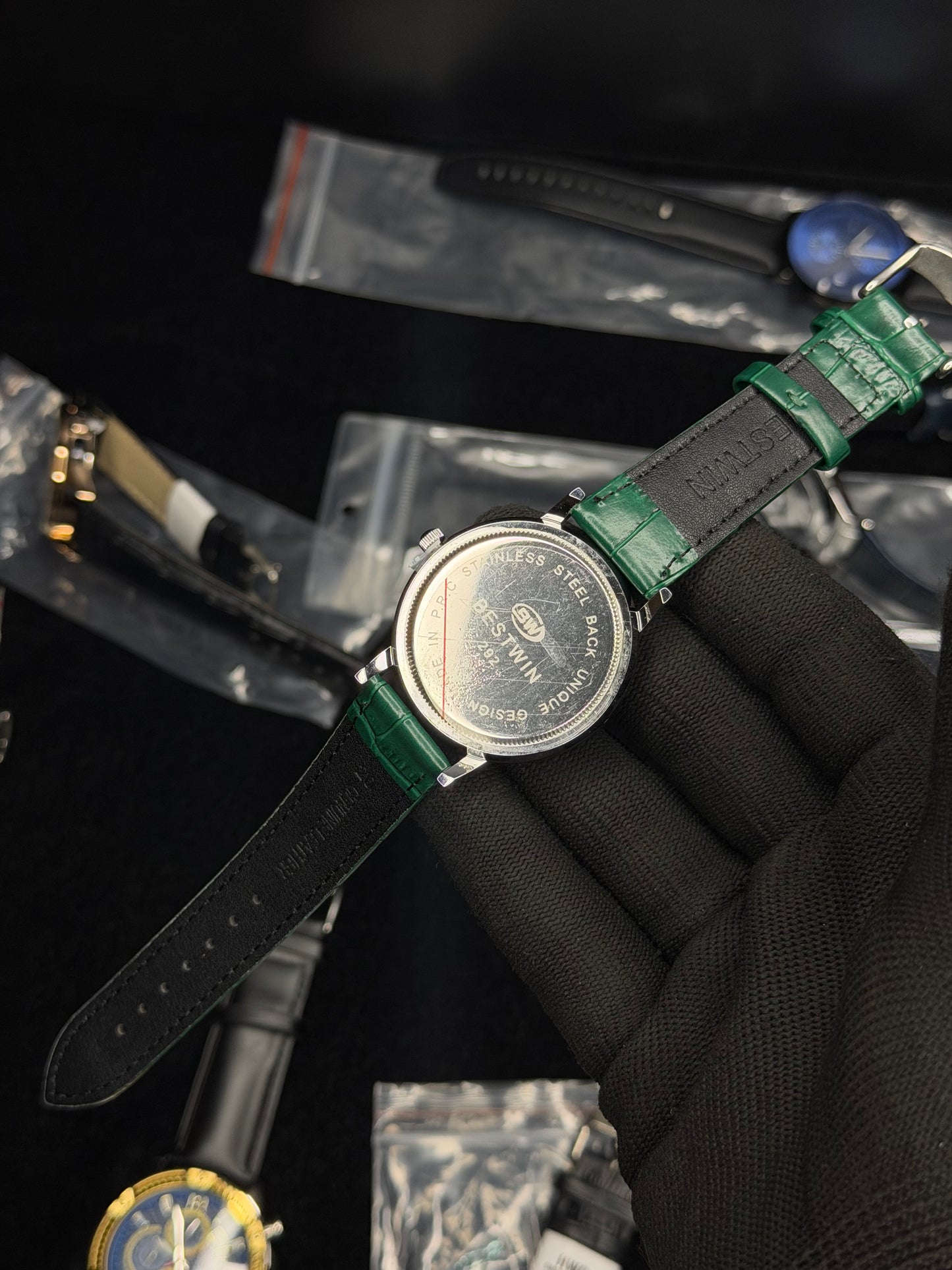 Bestwin Green Dial Leather Strap Watch – Silver Case