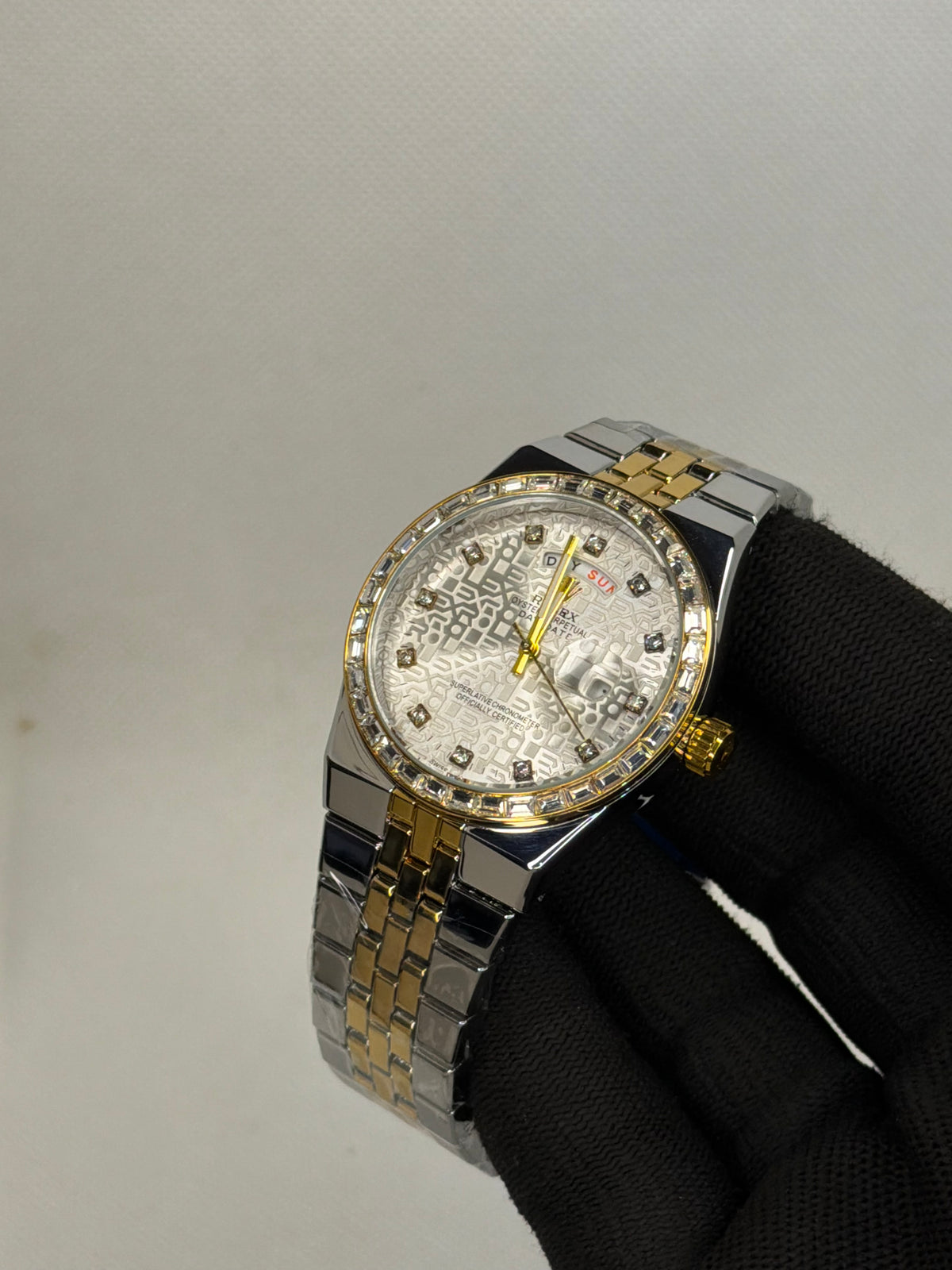 Luxury Day-Date Diamond Bezel White Pattern Dial Two Tone Stainless Steel Men’s Watch