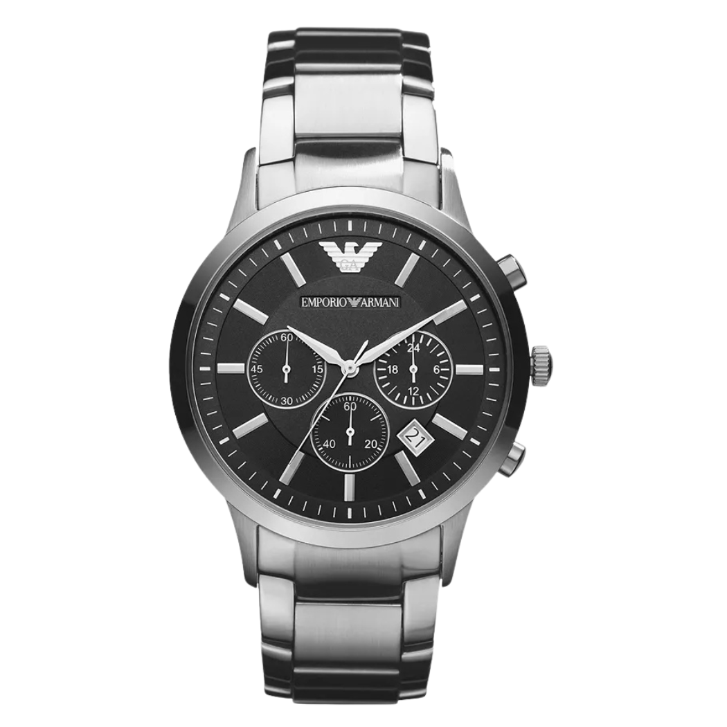 EMPORIO ARMANI Classic Silver Stainless Steel Black Dial Chronograph Quartz Watch for Gents - AR2434