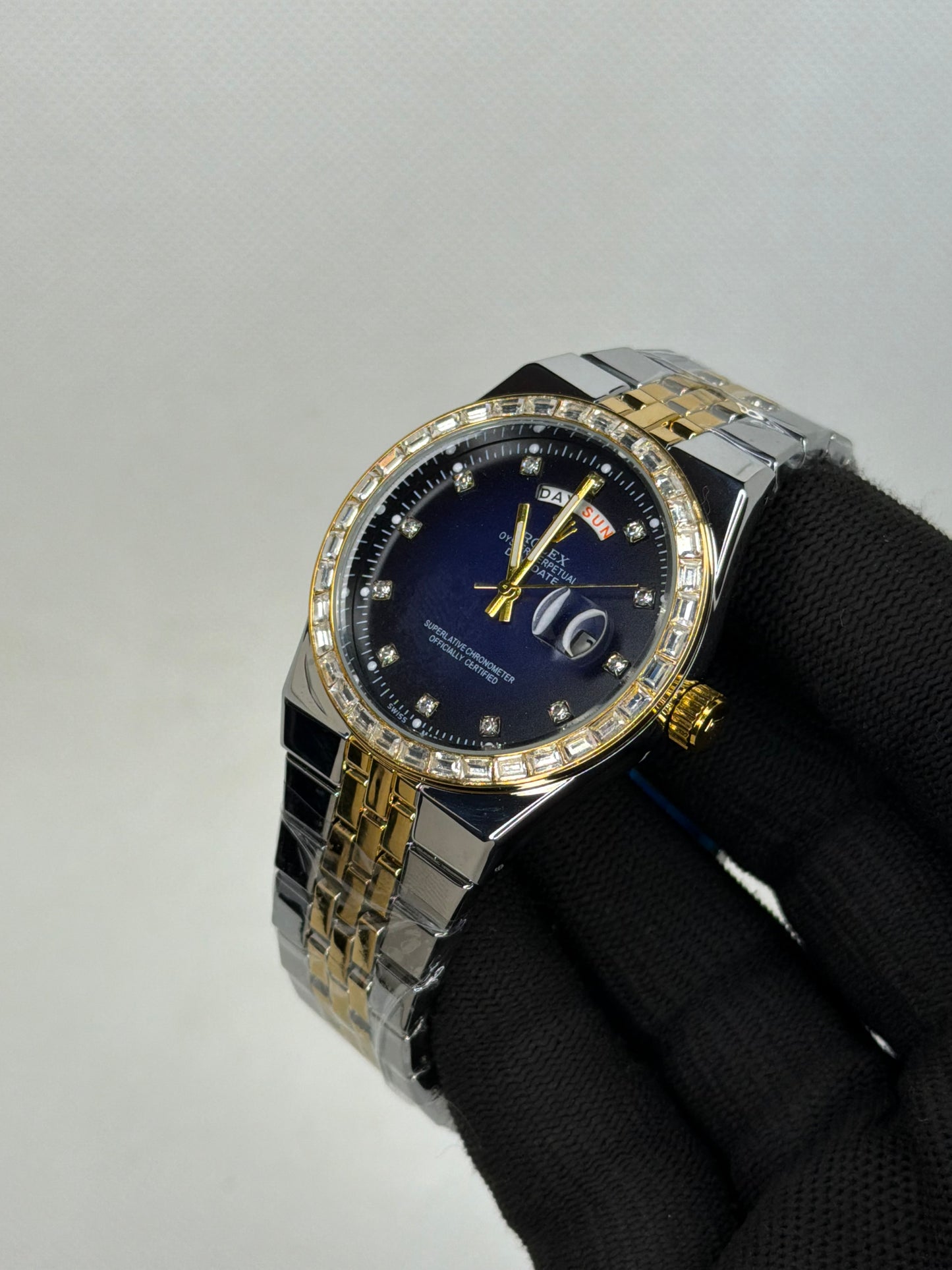 Luxury Day-Date Diamond Bezel Blue Dial Two Tone Stainless Steel Men’s Watch