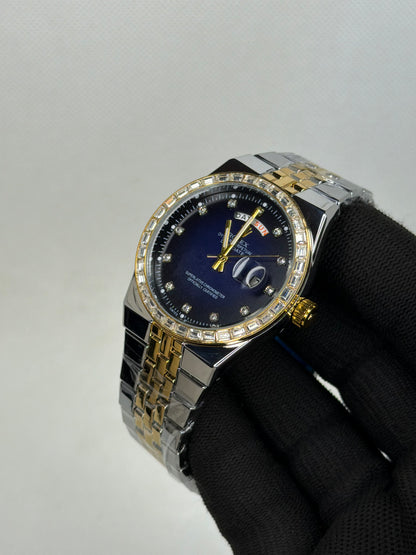 Luxury Day-Date Diamond Bezel Blue Dial Two Tone Stainless Steel Men’s Watch