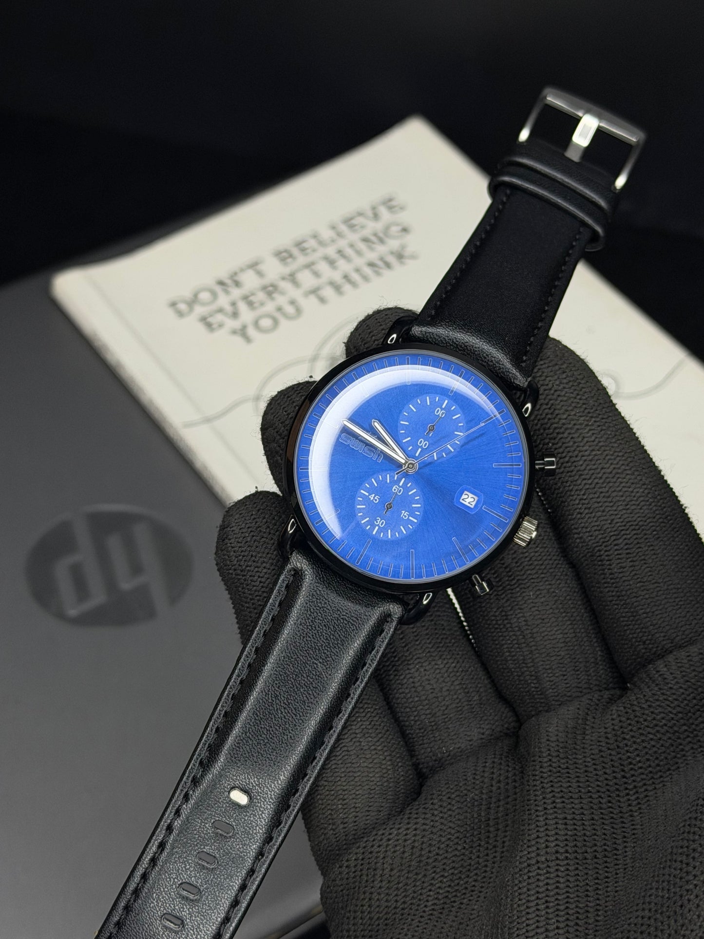 Swish Blue Dial Black Leather Men’s Watch
