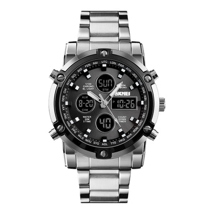 SKMEI Men's Wrist Watch Waterproof Analog Digital Chronograph LED Multi-Time Business Watch Stainless Steel