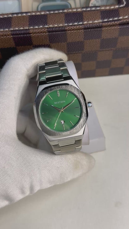 MJ BestWin Silver-Green Luxury Quartz Watch for Men